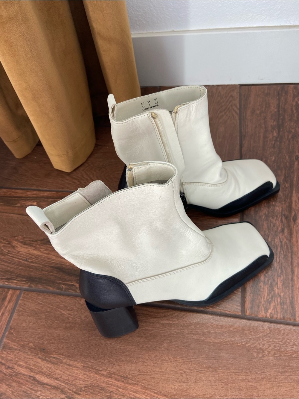 Women’s Black and White Leather Square Toe Ankle Boots